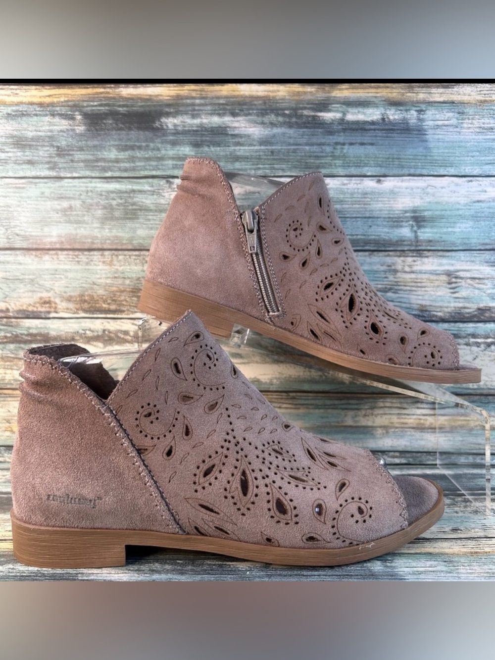Coolway Womens Nelia Ankle Boots Size 8.5-9 Taupe Suede Open Toe Zip Up Booties
